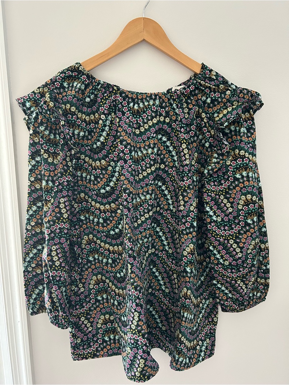 LOFT Black Multi Floral Off-Shoulder Long Sleeve Top